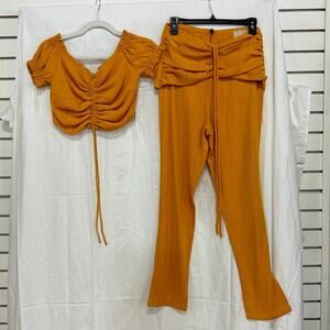 Coolrated Ruched Short Sleeve Crop Top & Wide Leg Pants Set Orange Womens Size S